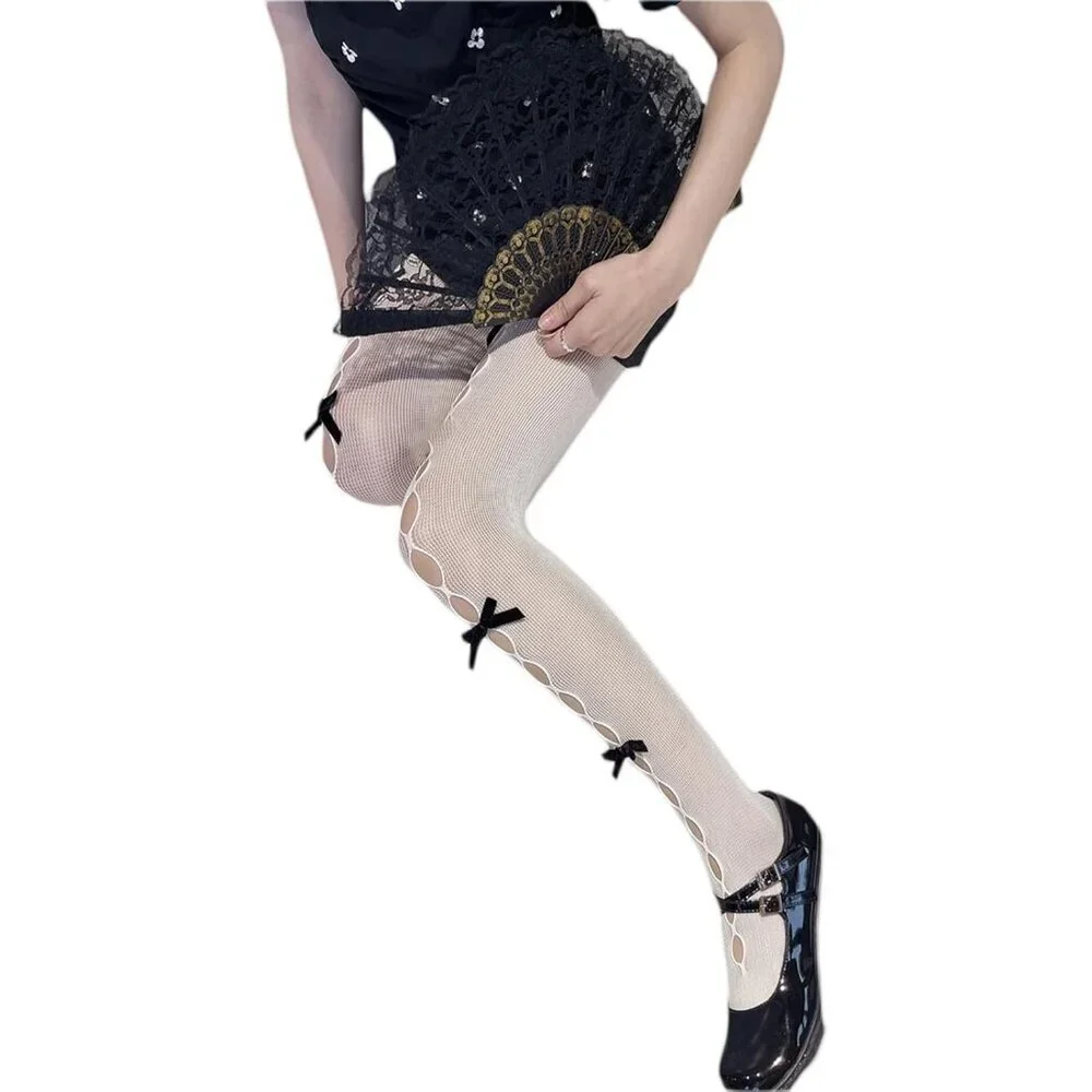 Women Lace Lolita Tights Mesh Bows Goth Stockings Knee High Leggings